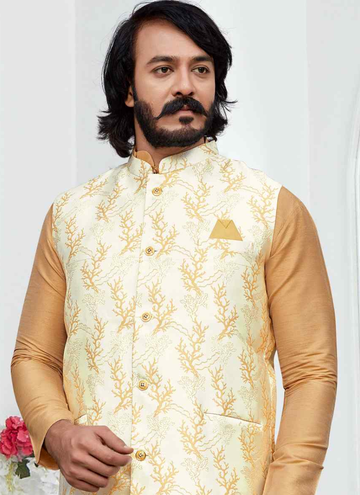Off White Brocade Koti With Woven Art Silk Cream Kurta Set
